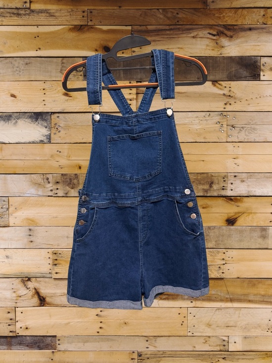 None Denim - Blue Dark Wash Denim Shortalls Overalls Rolled Cuff Women Size Medium